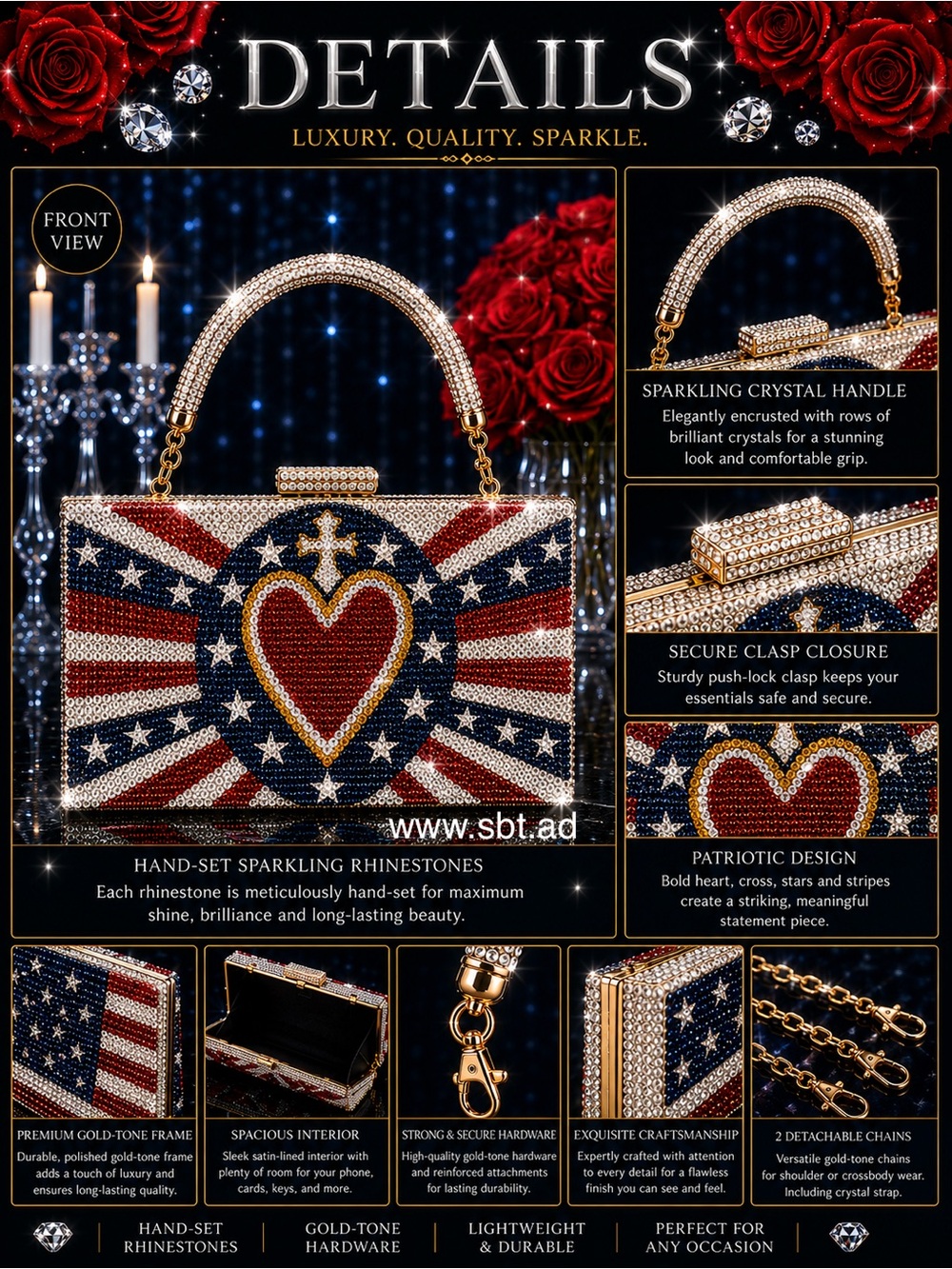 NWT Beautiful Sparkling Bling Swarovski Crystal American Flag Clutch Pur… - Picture 6 of 16